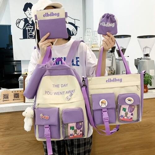 New 5 Pcs Set Women Laptop Backpack Canvas School Bags for Teenage Girls Kawaii College Student Kids Cute Book Bag Rucksack 50