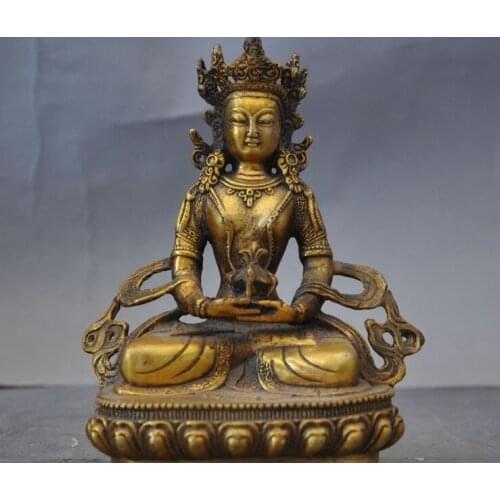 6"Old Tibet Buddhism Temple Bronze Gilt longevity Goddess Amitayus Buddha Statue