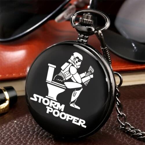 Storm Pooper Theme Retro Black Quartz Pocket Watch Arabic Numerals Display Round Dial Steampunk Pocket Chain Pendant Clock