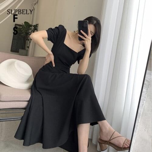 SLPBELY Elegant Hepburn Style Dress Summer Retro Black Square Collar Dress 2021 New Vintage Midi A Line Ladies Dresses Vestido