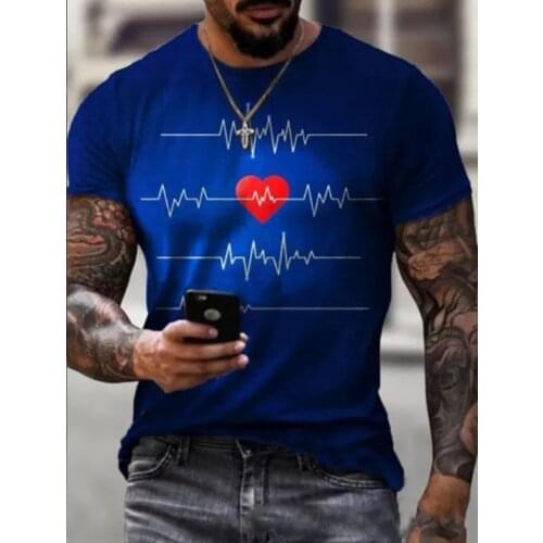 Summer Oversize T-shirt For Men Clothes Casual O-neck Short Sleeve Vintage T Shirt Fashion Solid Heartbeat Track Print Loose Top