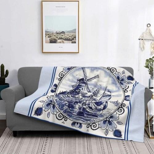Dutch Blue Delft Vintage Windmill Print Throw Blanket Convertible Sofa Bed Beach Cover Up Quilt Muslim Prayer Rug
