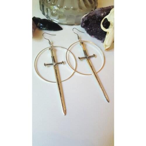 Swords metal hoop earrings Witchy warior pagan vikin alternative gothic medieval silver color Classic tarot CARDS gift women