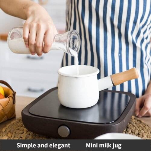 Hot Enamel Milk Pan Mini Butter Warmer 10cm Enamelware Saucepan Pan Cookware with Wooden Handle Perfect Size for Heating Small