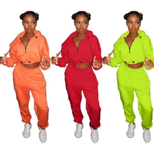 Fluorescence Color Hoodie 2 Two Piece Set Tracksuit for Women Zip-up Long Sleeve Crop Top Sweatpant Activewear Matching Outfits