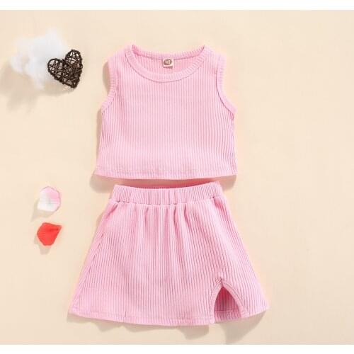 2021 2 Pcs Infant Summer Outfits, Baby Girls Ribbed Round Neck Tank Tops + Slit Skirt
