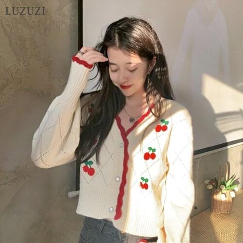 LUZUZI Autum Winter Embroidered Cardigan Women Korean Sweet Puff Sleeve Short Mujer Chaqueta V Neck Cherry Knitted Sweaters Top