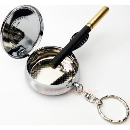 1Pcs Mini Cigarette Ashtray with Key Chain Smoking Accessories Stainless Steel Portable Round Shaped Silver Cigarette Supplies