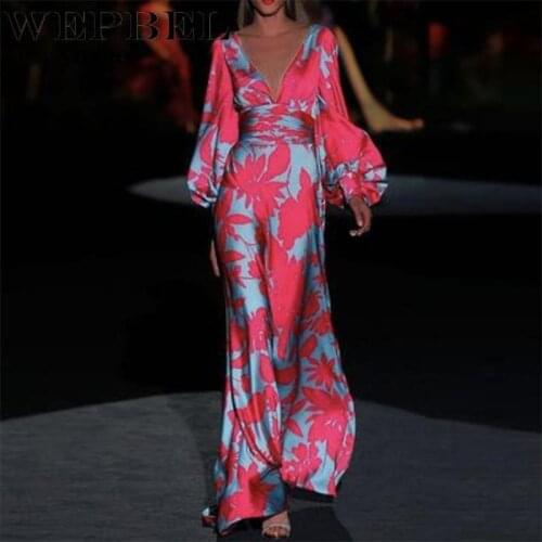 Fashion Dress Women V-Neck Floor-Length Dress Print Lantern Sleeve High Waist Dress Long Sleeve Elegant Dresses Clothing