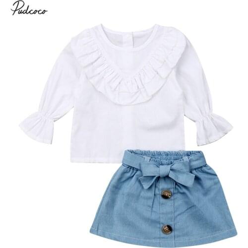 Fashion Toddler Kids Baby Girl Clothing Set Long Sleeve Ruffle Tops Denim Skrit Outfit Childrens Clothes for Girl