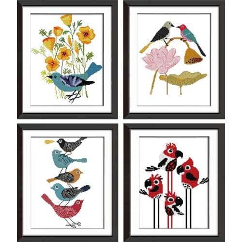 The birds on the lotus,Stacked birds,Abstract painting (parrot) Pattern Counted Printed on Canvas DMC Chinese Cross Stitch kit