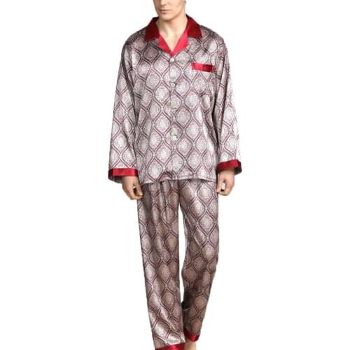 Men Summer Imitation Silk Pajama Set Print Shirt Long Pants Sleepwear Nightwear Male Nightgown