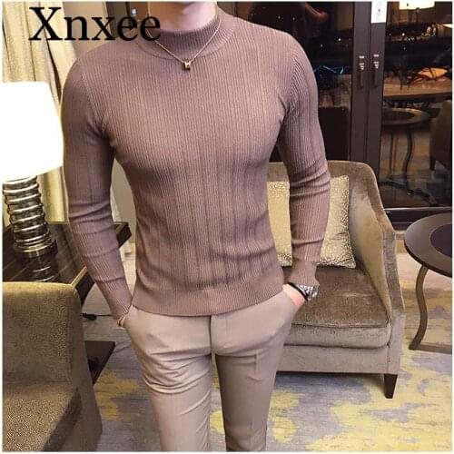 Khaki Pullover mens sweater casual striped solid sweater mens half-high collar stretch tight sweater slim knit top