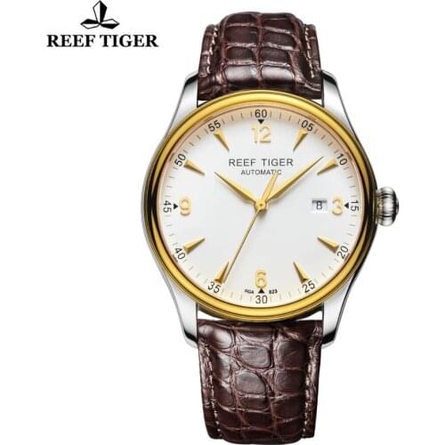 Reef Tiger/RT Top Brand Luxury Dress Men Watch Golden Case Alligator Strap Automatic Mechanical Business Watch relogio masculino