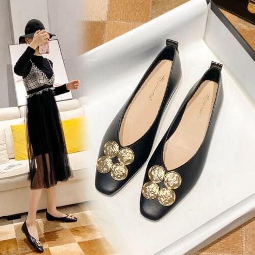 Metal Decoration flats woman pu leather shoes slip on loafers square toe soft bottom ladies single shoes big size 44 moccasins