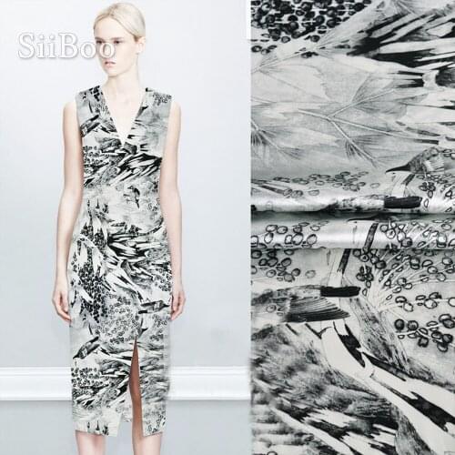 Luxury white black peacock print spandex silk fabric apparel for dress natural silk tissue cloth tela tecido yarn 19mm SP4999