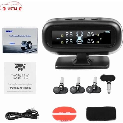 TPMS Solar Tire Pressure Monitor System Alarm 4 Internal / External Sensor Temperature Gauge Meter Car Solar Power TPMS Visture