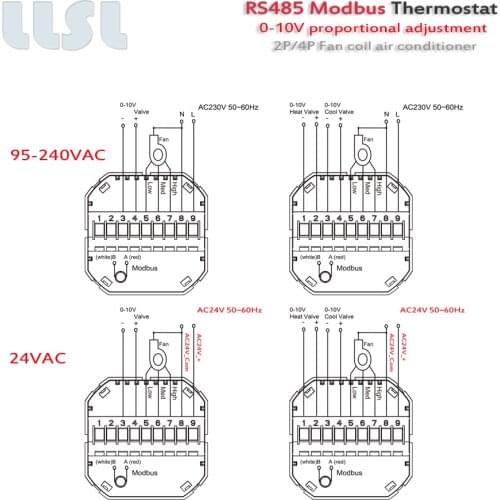 0-10V proportional adjustment THERMOSTAT RS485 2P 4P fan coil unit for cooling / heating 95-240VAC, 24VAC