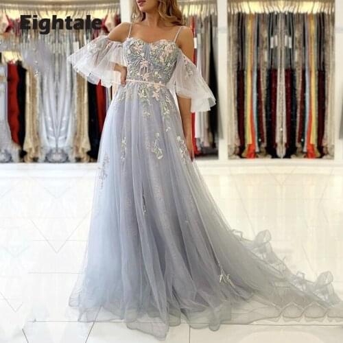 Eightale New Evening Dresse with Flowers Spaghetti Strap A-Line Short Sleeves Long Prom Gown Celebrity Party Dress 2021