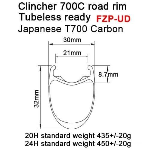 Japanese T700 Carbon Width:30mm Depth:32mm FZP-UD Clincher 700C Road Rim Tubeless Ready PRO-Serie Front 20H & Rear 24H