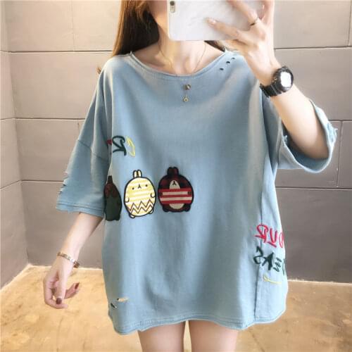 Women Summer Length Embroidery T-Shirt Half Sleeves Loose Comfortable Round collar T-shirt