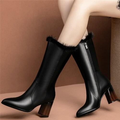 Winter Warm Pumps Shoes Womens Black Cow Leather Pointed Toe Mid Calf Snow Boots High Heel Tall Shaft Punk Booties Casual Shoes