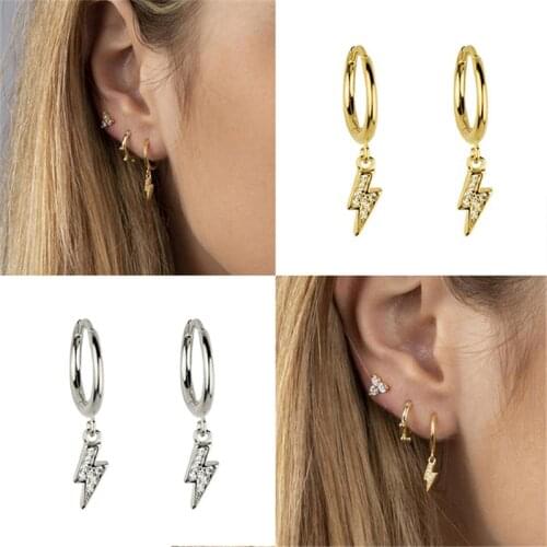 CANNER Punk Womens Earrings 925 Sterling Silver Lightning Pendant Hoop Earrings Small Crystal Hoops Hanging Earrings Korean