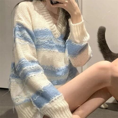 Women Sweater 2021 Early Spring New Asymmetrical V-neck Contrast Stripe Ripped Wool Pullover