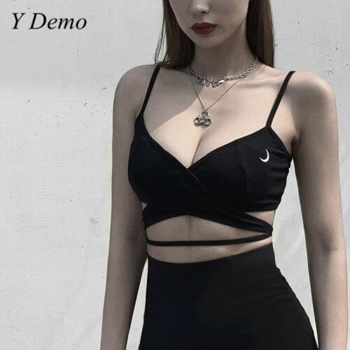 Y Demo Sexy Moon Short Lace Up Vest Women V Neck Gothic Strap Sleeve Tops