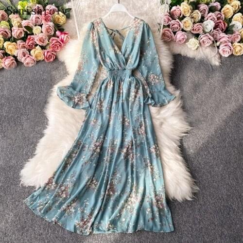 Sanishroly Women V Neck Flare Sleeve Bohemian Dress Female Long Large Hem Floral Print Dresses Holiday Beach Chiffon Vestidos