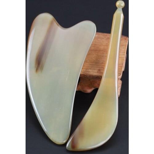 2pc/set Natural Ox Horn Guasha Massage Board Scraping Plate Acupuncture Stick Face Body Pressure Therapy Handle Massage Tools