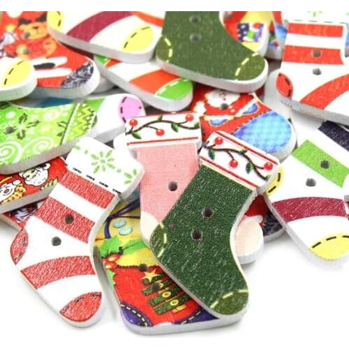 50Pcs Christmas Socks Shape Buttons Painted Wooden Buttons 2-holes Decorative Button For Clothes Sew Crafts DIY Scrapbooking