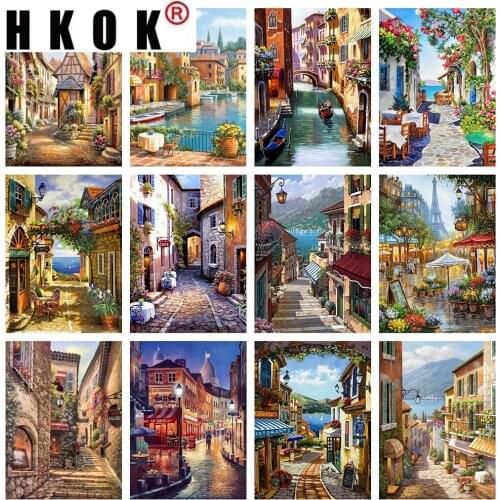 HKOK Diamond Painting City Embroidery Scenery Cross Stitch Kit Crafts 5D DIY Full Square Rhinestones Mosaic Home Decoration