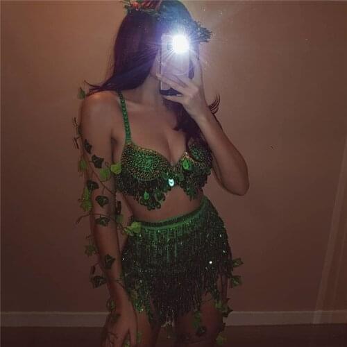 Sparkly Sequins Two 2 Piece Sets Spaghetti Strap Backless Bra Tassel Drawstring Skirt Fashion Dance Wear Rave Festival Outfits