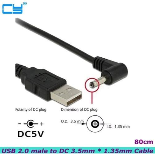 1pcs/lot USB 2.0 Male to Right Angled 90 Degree 3.5mm 1.35mm DC power Plug Barrel 5v Cable 80cm