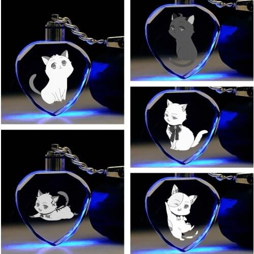 Cat Style Heart shaped Anime LED Key Chains Keyring Crystal Toy Keychain Light Keyholder Unisex Gifts