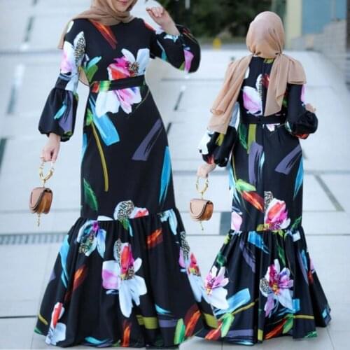 Muslim Woman Printed Long Dress Abaya Arabian Vacation Robe Kaftan Ramadan Islamic Dubai Female African Party Fishtail Dresses