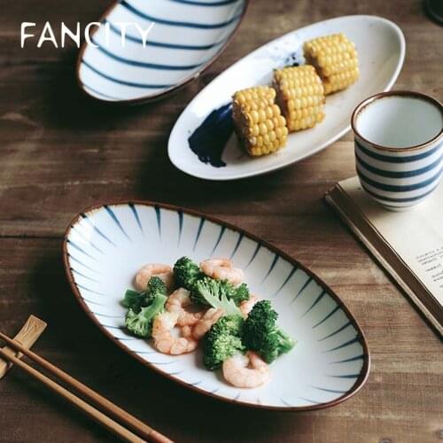FANCITY Japanese restaurant and hand painted underglaze ceramic sushi plate Oval Dish dumpling plate Japanese fried fish plate