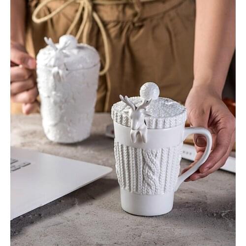 Porcelain reindeer design mug with spoon, Christmas novelty gift, vintage ceramic coffee mugs, cute mug present creative 320ML