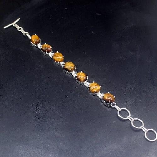 Hermosa Jewelry Fantasy Natural Gold Tigers Eye Silver Color Charms Links Bracelets for Women 7.75 Inch FQ84