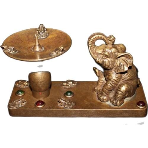 Collect antique pure copper inlaid Gemstone Elephant wax platform