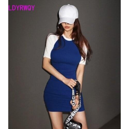 [LDYRWQY] Korean spring and summer new womens fit body bag hip contrast color short-sleeved dress Knee-Length