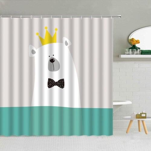Cute Cartoon Crown Bear Shower Curtains Fun Animal Hippo Penguin Children Bathtub Decoration Gift Bathroom Decor Curtain Set