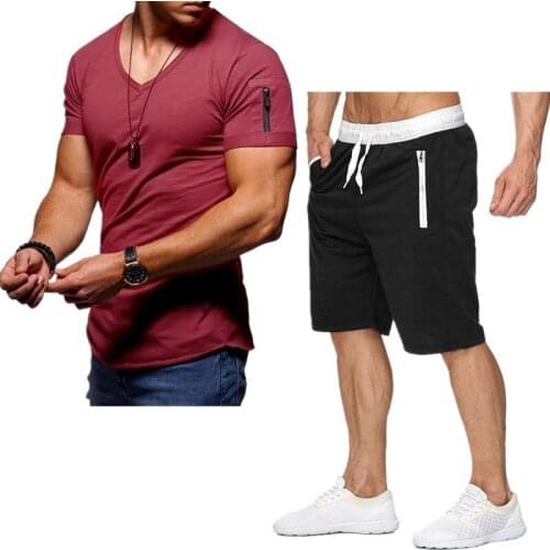 Men Set Brand V-neck T-shirt 2 Pieces Suits Tracksuit Printing 2021 New Short Sleeves+Pants Pullover Sportwear Casual Sports Top