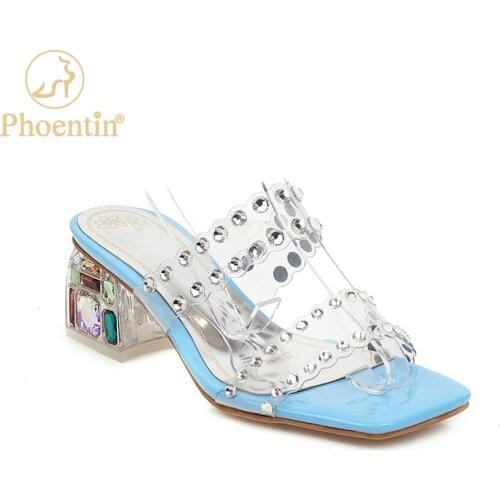 Phoentin polka dot mules transparentes 2020 summer mule shoes women PVC crystal colorful middle heels ladies slippers FT965