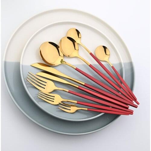 Flatware 18/0 Stainless Steel Cutlery Set Red Gold Dinnerware Spoon and Fork Set Fruit Forks for Kids Chopsticks Dropshipping