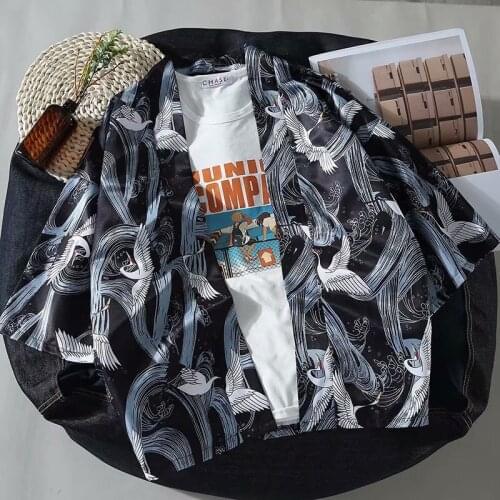 New Japanese Traditional Kimono Men Retro Clothes Crane Print Loose Shirt Tops Casual Woman Kimonos Coat Couple Yukata Tops