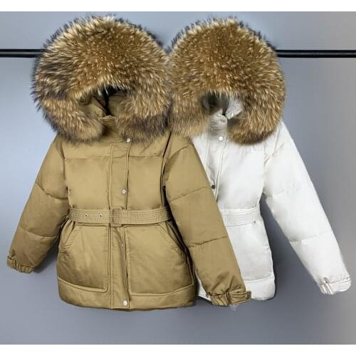 2021 Winter Women 90% White Duck Down Coat Large Natural Fur Collar Hooded Jacket Thickness Warm White Khaki Parkas With Belt