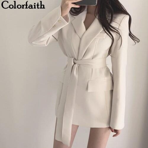 Colorfaith New 2019 Autumn Winter Women Jackets Office Ladies Lace up Notched Formal Outwear Elegant White Black Tops JK7040