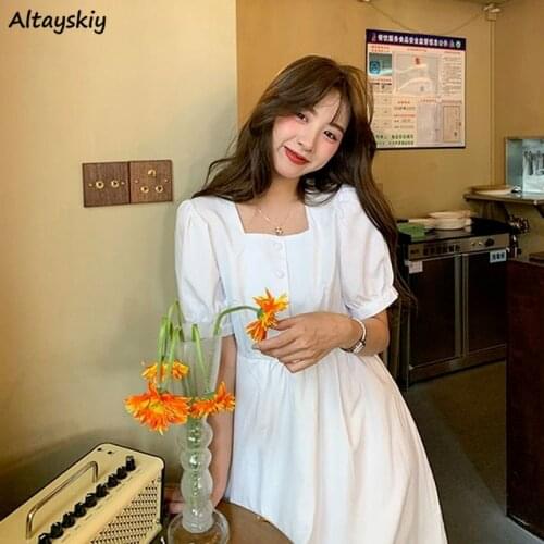 Dresses Women A-line Preppy Style Student Sweet Girlfriend Chic Summer Mujer Ulzzang Soild All-match Feminine Minimalist Bowknot